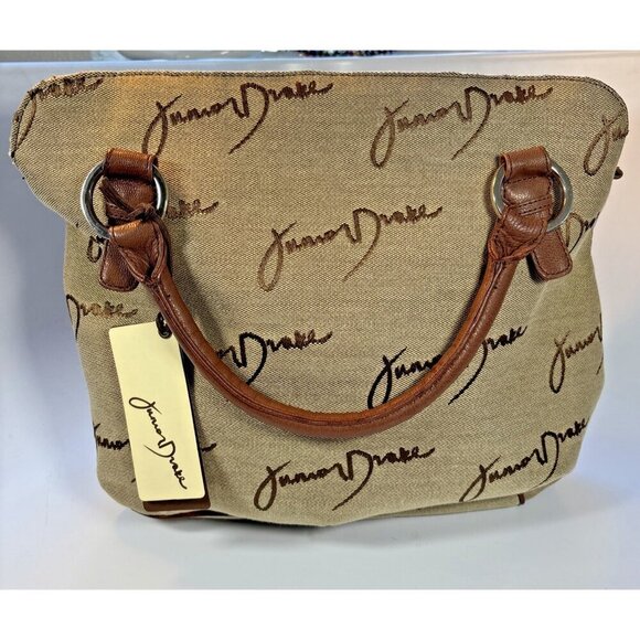 JUNIOR DRAKE Beige Signature Canvas Carry On Tote Handbag With Brown Handle NWT - Picture 2 of 13